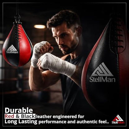 PU Leather Boxing Speed Bag – Black Red MMA Reflex Punching Ball for Home Gym Workout, Speed Ball for Punching, Kicking & Reflex Training Equipment