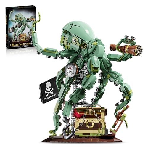 Steampunk Pirate Octopus Building Set for Adults, Mechanical Ocean Animal Collectible Model with Treasure Chest & Flag, Idea Gift for Teens Desk Decor Display -1128pcs