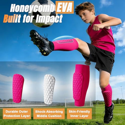 XZQTIVE Soccer Shin Guards Shin Defender for Kids Youth Adult, Ski Shin Guard Calf Compression Sleeve with Honeycomb Shin Pads - color: hot pink, size: Small
