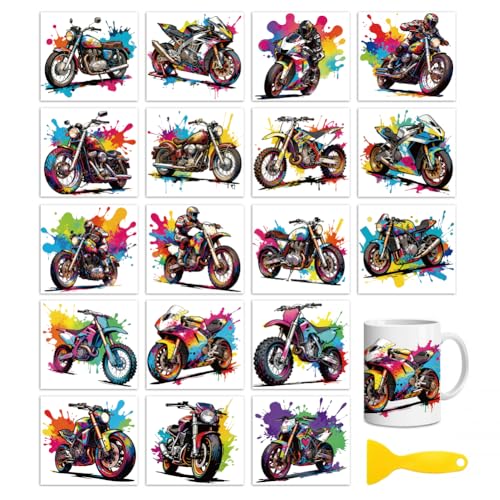 Peacoblue 18 Sheets Rub on Transfers for Crafts, Colorful Splashes Motorcycle 3.6"x3.9" UV DTF Cup Wraps Waterproof Rub on Cold Transfers Stickers for Wood Glass Metal Cup Tumblers Mirrors Mugs Decor - style: Colorful Splashes Motorcycle