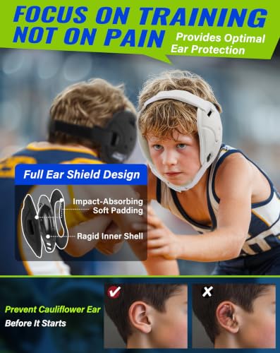 Trymaker Wrestling Headgear, Head Gear for Youth with Chin Cup & Pad - color: White Headgear & White Strap