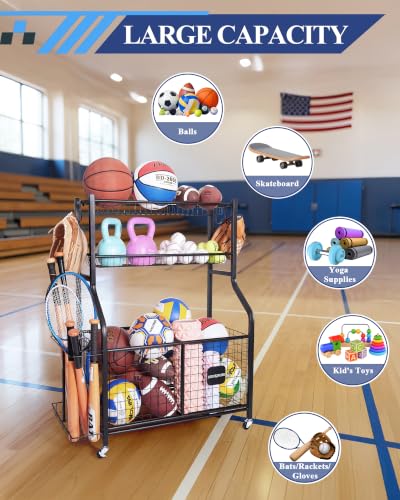 Sports Equipment Organizer with Wheels for Garage Ball Storage | Heavy-duty metal sports organizer with rolling wheels for ball and equipment storage in garages, homes, schools and gyms.