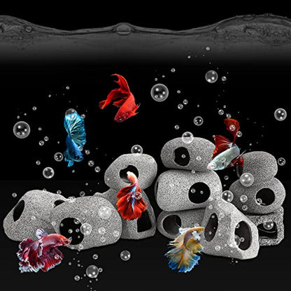 10 Pieces Aquarium Hideaway Rock Cave Stackable Fish Tank Decorations for Aquatic Pets to Breed, Play and Rest, Ceramic Shelters for Small Fish, Betta Cave Shrimp Habitat, Breeding Tube (Rustic)