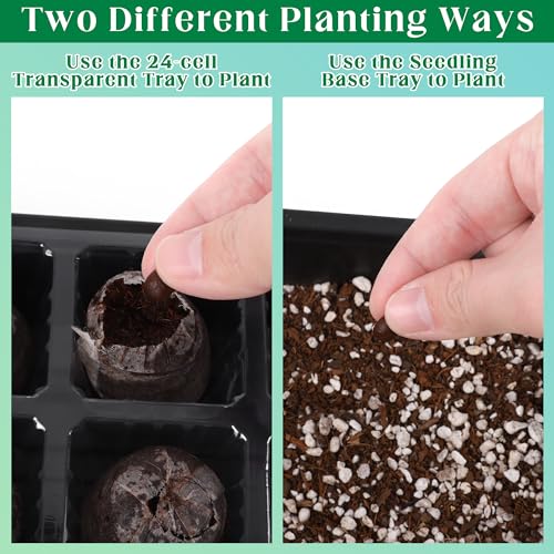 4 Sets Seed Starter Tray Kit Germination Starter Tray with Humidity Dome and Base Include 100 Peat Pellets 100 Plant Labels Garden Tools Plastic Plant Growing Trays for Greenhouse Garden, Black
