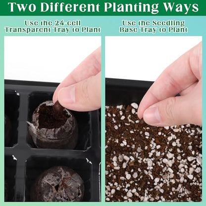 4 Sets Seed Starter Tray Kit Germination Starter Tray with Humidity Dome and Base Include 100 Peat Pellets 100 Plant Labels Garden Tools Plastic Plant Growing Trays for Greenhouse Garden, Black