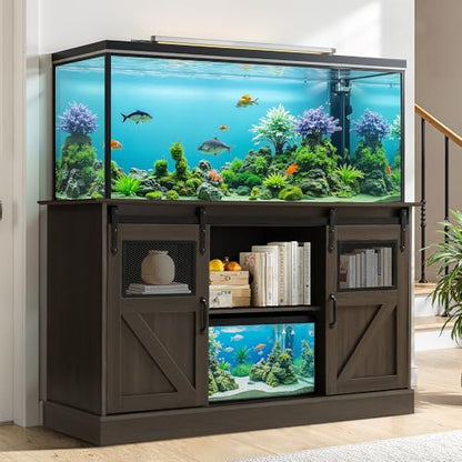 55-75 Gallon Large Fish Tank Stand with Power Outlet, Heavy Duty Aquarium Stand with Sliding Barn Doors, Turtle Reptile Terrarium Stand with Cabinet for Accessories Storage, 1300LBS (Gray)