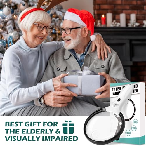 Large Magnifying Glass with Light, 10X 25X 45X Handheld Illuminated Magnifier with 3 Light Modes, 12 LED Lights, Storage Bag, Clean Cloth for Seniors Reading Coins Inspection (Black)
