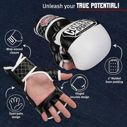 Combat Sports Max Strike MMA Training Gloves, Open Palm Fingerless Gloves for MMA, Muay Thai, and Kickboxing (White, Extra Large)