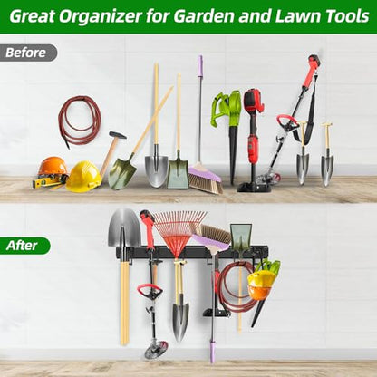 PIYILO 48 in Garage Tool Organizer Wall Mount, Adjustable Tool Storage Rack | Heavy-duty 360 LBS, Double-Layer Hooks, Wear & Tear Resistant, Soft Anti-Scratch Hook Sleeves, For Yard Tools, Shovels, Shed - size: 48 inch Double-Layer 6-Hook