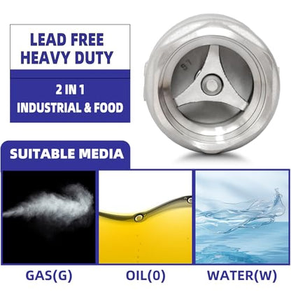 1/4" NPT Stainless Steel Spring Check Valve, WOG1000 NPT Thread unleaded In-Line Vertical Check Valve Non Return One Way Counterflow to Prevent the Medium Backflow for Oil Water Gas Air DN8 - size: 1/4"-NPT