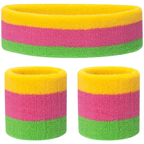 ONUPGO Sweatband Set Sports Headband Wristband Set Sweatbands Terry Cloth Wristband Wrist Sweatband Headbands Moisture Wicking Sweat Absorbing Head Band - color: Neon Yellow/Pink/Green