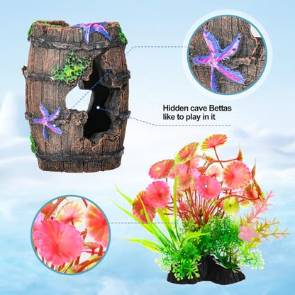 Fish Broken Barrel Decor Fish Tank Decorations Betta Fish Tank Accessories,Starfish Barrel x 1pc, Aquarium Plants x 8pcs - size: 9 Pcs