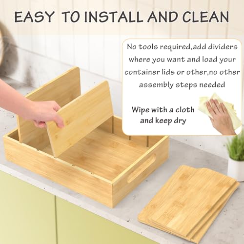Bamboo Lid Organizer for Plastic Lids, Adjustable Tall Dividers for Cabinet Drawer, Food Container Lid Holder for Kitchen Storage and Organization