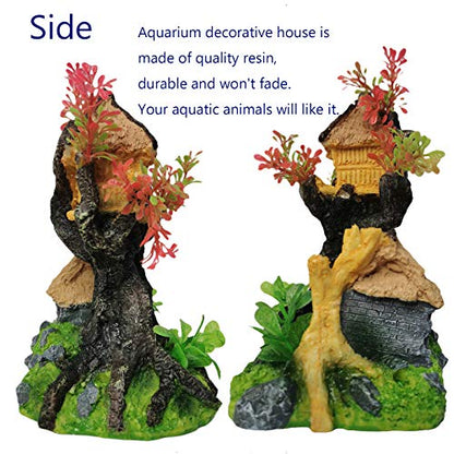 4PCS Aquarium Decoration, Fish Tank Artificial Resin Castle Ornaments, Betta Tank Landscape Decorations with Plastic Plants for Shrimp Fish Climbing Hiding - style: Country Rustic