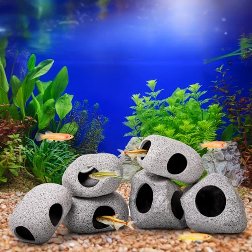 6 Pack Aquarium Decoration Rock Caves, Betta Fish Tank Hideaway, Hideout Stones House Decor for Cichlid Shrimp Territorial Fish Hiding Breeding Spawning, Fish Tank Ornaments