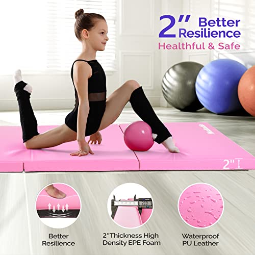 Matladin 6' Folding Tri-fold Gymnastics Gym Exercise Aerobics Mat, 6ft x 2ft x 2in PU Leather Tumbling Mats with Hook & Loop Fastener for Stretching Yoga Cheerleading Martial Arts - color: Pink
