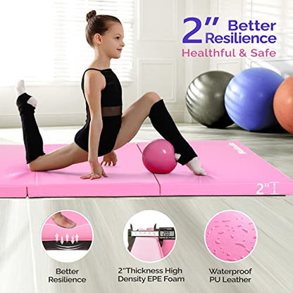 Matladin 6' Folding Tri-fold Gymnastics Gym Exercise Aerobics Mat, 6ft x 2ft x 2in PU Leather Tumbling Mats with Hook & Loop Fastener for Stretching Yoga Cheerleading Martial Arts - color: Pink