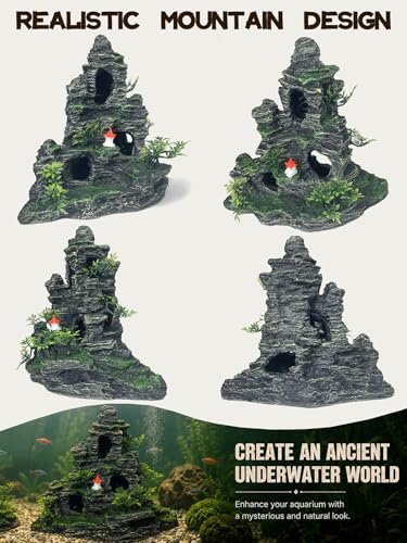 Aquarium Decor - Tall and Large Mountain Rock Ornament for Fish Tank, Aquarium Hideout with Rock Texture for Betta, Guppy, Shrimp - Aquatic Hide Decoration, Fish Hiding House（Red Tower）