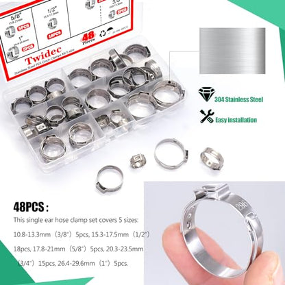 Twidec/48PCS 3/8",1/2",3/4",5/8",1" PEX Cinch Clamps Kit 5 size,Stainless Steel Pex Crimp Rings,Single Ear Hose Clamps For Pex Pipe Fitting Connections N-058-48PCS