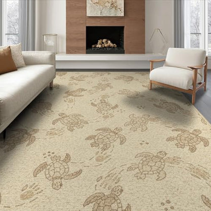 8'x10' Washable Beachy Sea Turtle Large Rug, Cream Non-Shedding Pet Friendly Carpet Foldable Easy Care Mat for King Size Bedroom, Master Suite, Under Bed | Ref:1955150 - color: Beige/Pattern 20, size: 8' x 10' (Rectangular)