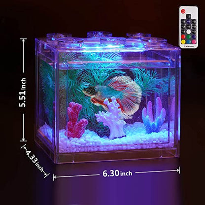 Small Betta Fish Tank, Aquarium Tank Kit with LED Lighting, 0.6 Gallon Stackable Fighting Fish Tank Set, Fish Bowl Accessories for Turtle Reptile Shrimp Crab Insects as Decoration