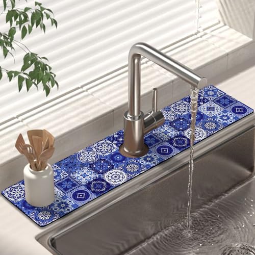 Kitchen Sink Splash Guard Faucet Mat 24" X 5.5" Talavera Mexican Tiles Absorbent Fast Drying Mat Faucet Draining Mat Sink Splash Guard Behind Faucet Drip Catcher for Kitchen Bathroom - color: tile02, size: 24*5.5in