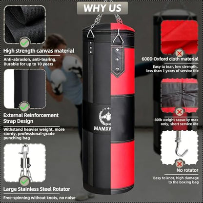4FT Canvas Punching Bags for Adults, Hanging Heavy Boxing Bag for Kickboxing Karate Taekwondo Muay Thai Training, Max Load-Bearing 180 Lbs (Unfilled) - color: 4FT Black