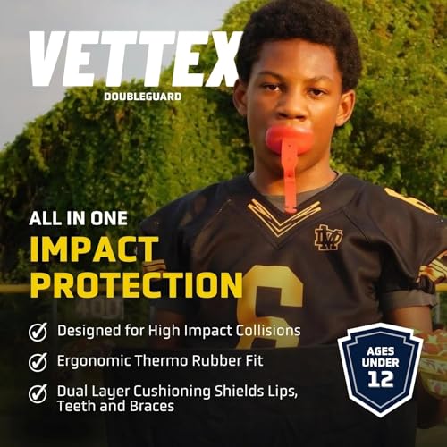 Vettex DoubleGuard Youth Mouth Guard with Lip Protection, Black | Football, Lacrosse, MMA, Boxing, Adjustable Helmet Strap, Braces Friendly, 2 Breathing Channels, NCAA & NFHS Certified - color: Black