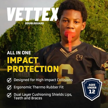 Vettex DoubleGuard Youth Mouth Guard with Lip Protection, Scarlet Red | Football, Lacrosse, MMA, Boxing, Adjustable Helmet Strap, Braces Friendly, 2 Breathing Channels, NCAA & NFHS Certified - color: Scarlet Red