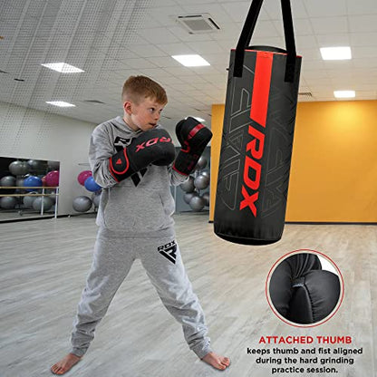RDX Kids Unfilled Punching Bag Set 2FT, Non Tear Maya Hide Leather Kara Junior Hanging Bag for Kickboxing MMA Muay Thai Taekwondo Karate BJJ Strength Training, Home Gym Equipment - color: RED