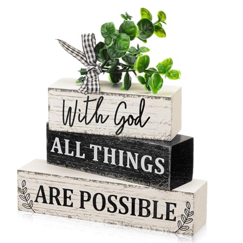 4 Pcs Farmhouse Wooden Tabletop Decor Christian Tiered Tray Decor Eucalyptus Leaves Wooden Block Sign Gift Summer Home Centerpiece Table Decoration - style: Christian