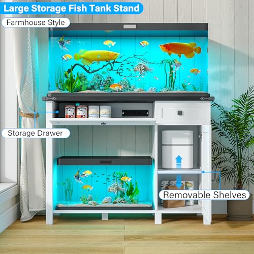 40 Gallon Fish Tank Stand with Power Outlets, Farmhouse Decorative Aquarium Stand Furniture with Adjustable Shelves and Drawer, Reptile Turtle Tank Stand with Cabinet Storage (White, 30-40GL)