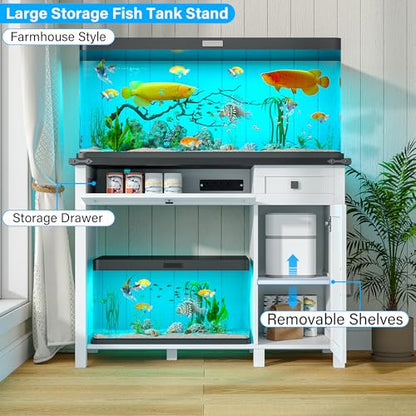 40 Gallon Fish Tank Stand with Power Outlets, Farmhouse Decorative Aquarium Stand Furniture with Adjustable Shelves and Drawer, Reptile Turtle Tank Stand with Cabinet Storage (White, 30-40GL)