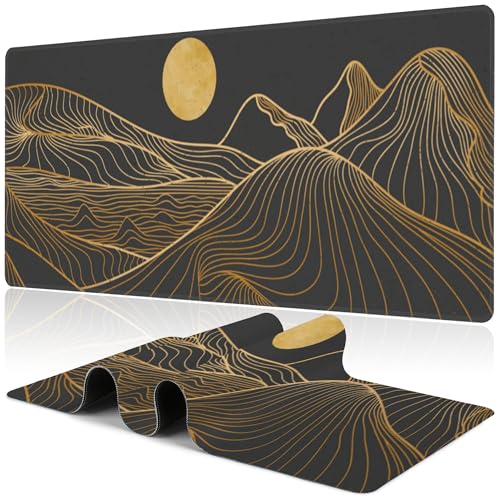 Abstract Golden Mountain Desk Mat,Large Gold Line Art Gaming Keyboard Mouse Pad,Non-Slip Rubber Base Desk Pad Thick Stitched Edges Waterproof Mousepad Mouse Mat 31.5"x11.8" - color: Abstract Golden Mountain