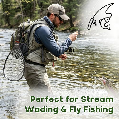 Riverruns Fly Fishing Landing Net Carbon Fiber Trout Net with Measurement Handle, Soft Rubber Mesh - 26" Standard (Wading) / 37" Long (Kayak) - color: 26" Wading Net (Standard) - Black 3K Woven