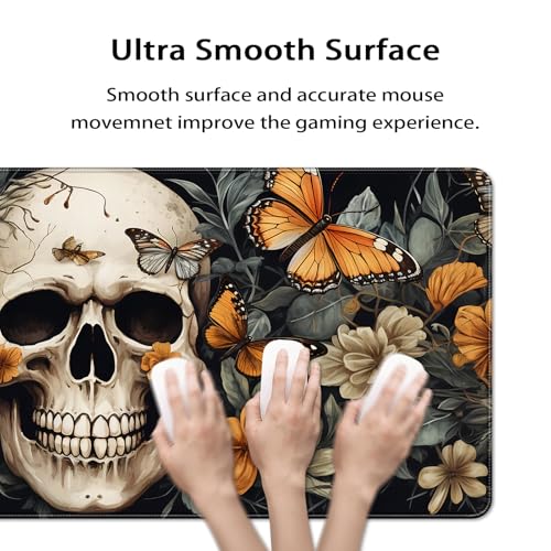 35.4 x 15.7 in, XXL Large Mouse Pad for Desk, Extended Keyboard Mouse Mat for Computer Office, Big Mouse pad with Stitched Edges, Gaming Pc-Skull Butterfly Flowers - color: Skull Butterfly Flowers