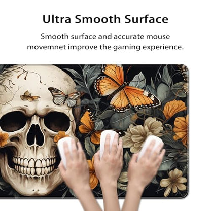 35.4 x 15.7 in, XXL Large Mouse Pad for Desk, Extended Keyboard Mouse Mat for Computer Office, Big Mouse pad with Stitched Edges, Gaming Pc-Skull Butterfly Flowers - color: Skull Butterfly Flowers