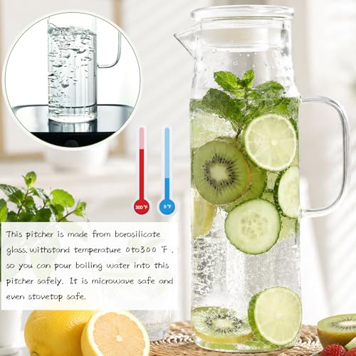 Glass Pitcher with Lid Glass Water Carafe with Handle, Fridge Water Jug Cold or Hot Beverages, Iced Tea, Milk, Juice 1500ml/51oz - color: Clear-pitcher