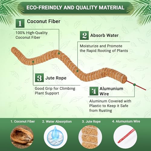 Bendable Moss Pole 48 Inch for Monstera & Climbing Plants – Pack of 2 Coco Coir Moss Poles for Indoor Plant Support, Trellis Pole for Pothos, Philodendron, Tall Plant Stakes for Home Gardeners