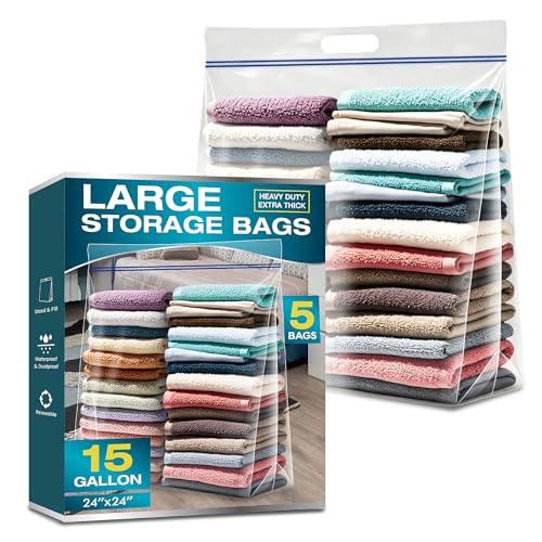 Heavy Duty 15 Gallon Clear Zipper Bags with Handles, 3.5 Mil Thick 24x24 Inch Storage Bags 5 Pack for Moving, Home and Travel Use - size: 5 Large