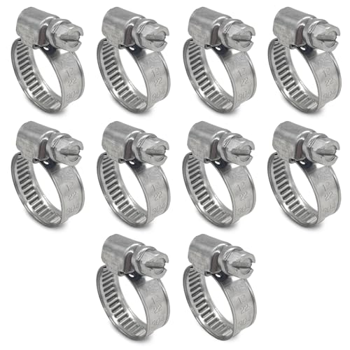 10 Pack SAE Size 6 Stainless Steel Hose Clamps, German Style Embossed Worm Gear Clamp, Adjustable 1/2 to 7/8 inch (12-22mm) for Garden Water Hose Pipe