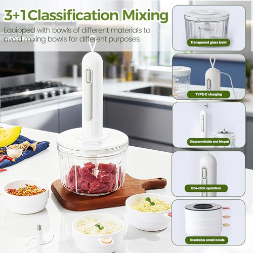 Petyoung Glass Food Processor, Small Food Processor with 2 Blades and 4 Bowls(1500ml/8 Cup + 3×150ml/3x0.5 Cup), Cordless Electric Meat Grinder for Meal Prep Baby Food Sauces