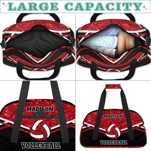 Personalized Sports Volleyball Bag, Red Glittering with Black | Custom Team Name Gym Sport Duffel Bag Weekender Bags Travel Duffel Bag - color: Red Black