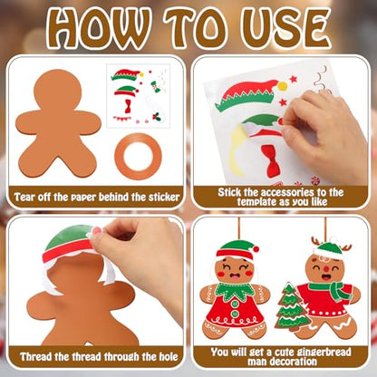 Frienda 48 Set Christmas Gingerbread Craft Kit Make a Gingerbread Man Ornament Stickers Bulk DIY Arts and Crafts for Xmas Tree Decoration Fun Christmas Party Favors Home Game Activities - style: Gingerbread Man
