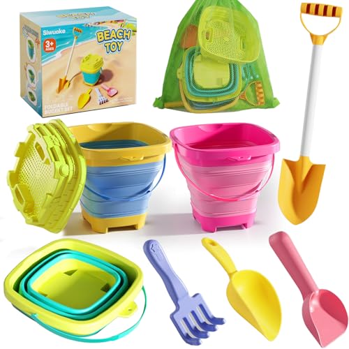 Beach Toys Set, 3 Collapsible Buckets, Detachable Large Pointed Sand Shovel, Flat Shovel, Rake, Scoop, Mesh Bag, Toddler Sandcastle Kit, Travel, Beach Party, Outdoor Summer Fun