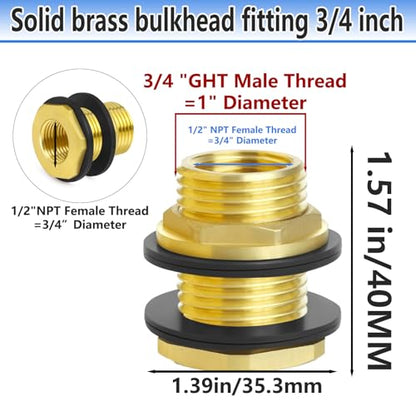 Brass Male Garden Hose Bulkhead Fitting With Plug, 1/2" Female NPT, 3/4" Male GHT (garden Hose Thread), Brass Tank Connector/drain/flush Port Kit For Rain Barrels, Aquariums, Sinks，2 Pack