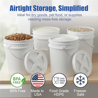 5 Gallon Bucket - Food Grade Bucket with Airtight Gamma Seal Screw-On Lid, BPA-Free, Heavy-Duty 90 Mil HDPE Plastic, Bulk Storage, Durable Container, Made in USA, White/White, 3 Packs - color: White/White, size: 3 Packs