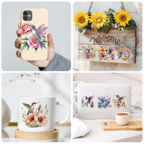 Peacoblue 18 Sheets Rub on Transfers for Crafts, Hummingbird 3.6"x3.9" UV DTF Cup Wraps Waterproof Rub on Cold Transfers Stickers for Wood Glass Metal Cup Tumblers Mirrors Mugs Home Decor - style: Hummingbird