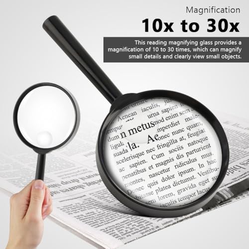 10X 30X Magnifier, Handheld Magnifying Glass for Reading, 84mm Shatterproof Lens, Soft Handle for Adults Close Work, Seniors Reading and Nature Exploration, Hobby Observation