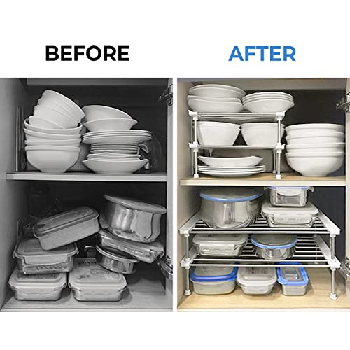 Cabinet Organizer Shelf, Set of 2 Stackable Kitchen Counter Shelves, Kitchen Cabinet Organizers and Storage, Pantry Storage Shelf Organizer, 9.8 x 7.8 x 6.1 - White